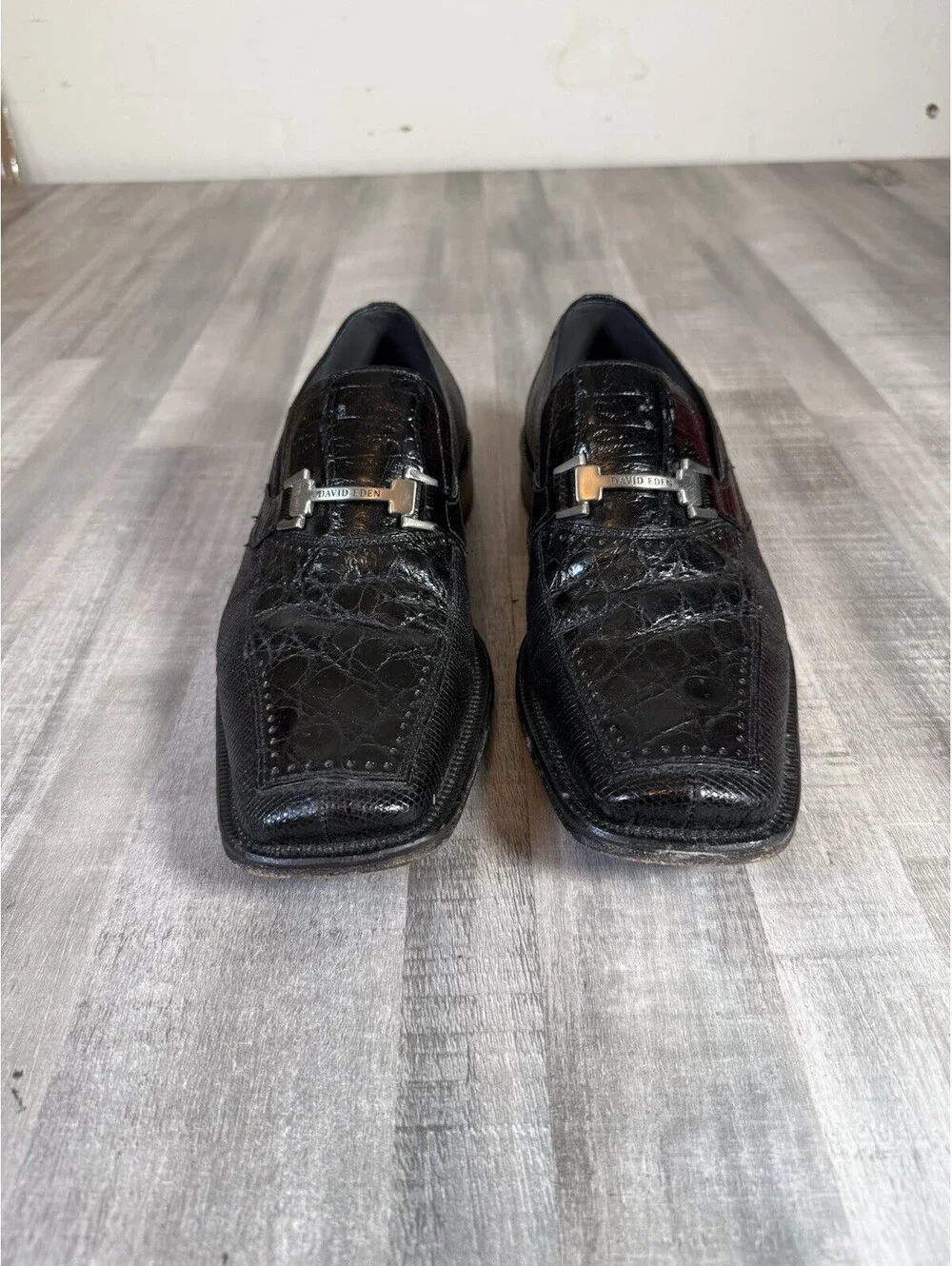 David Eden Crocodile Leather Dress Shoe Black Square Toe Metal Horsebit Men’s 10